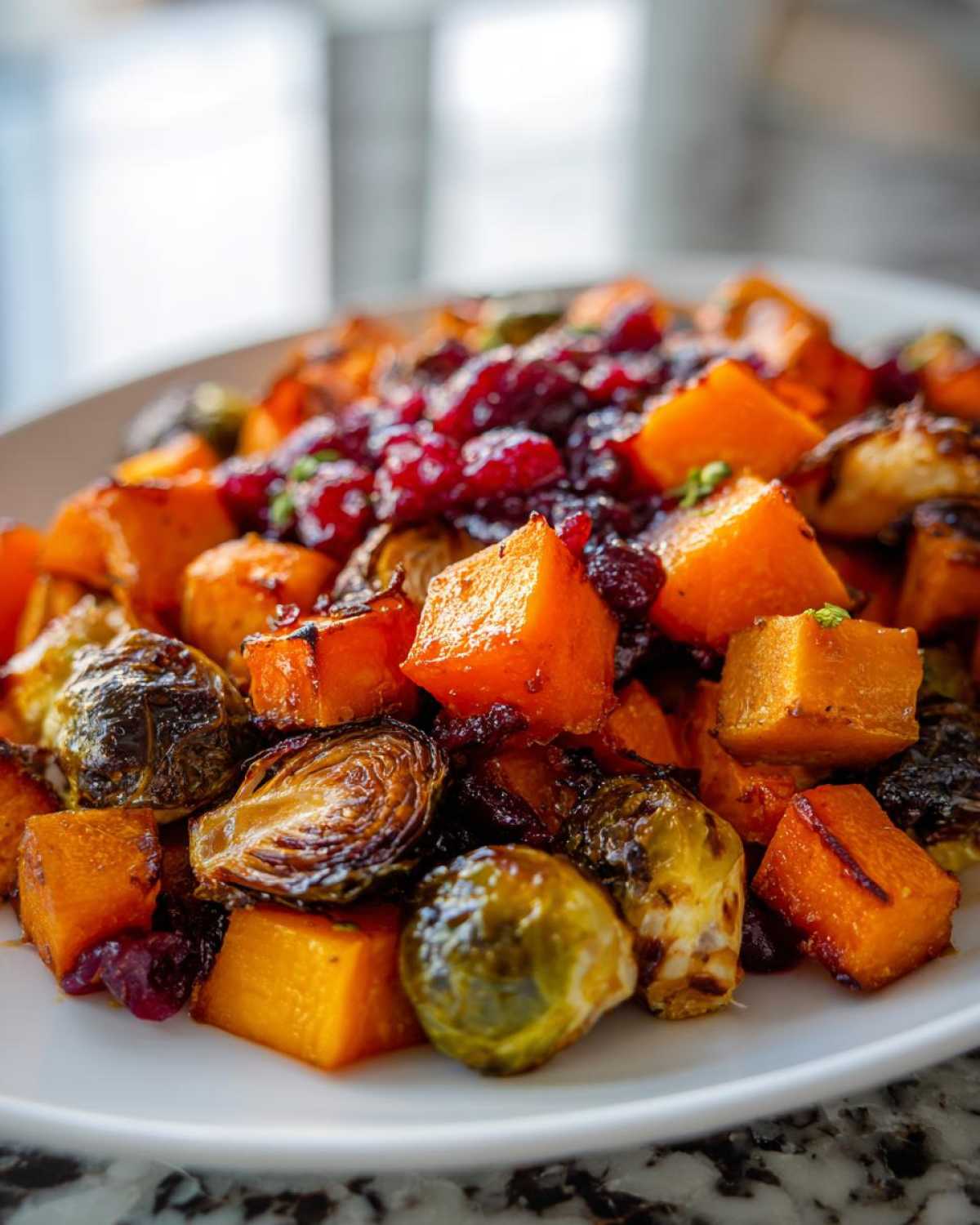 Close-up of roasted butternut squash, Brussels sprouts, and sweet potato topped with cranberry glaze for the Cranberry Glazed Roasted Butternut Squash Brussels Sprouts and Sweet Potato Salad.