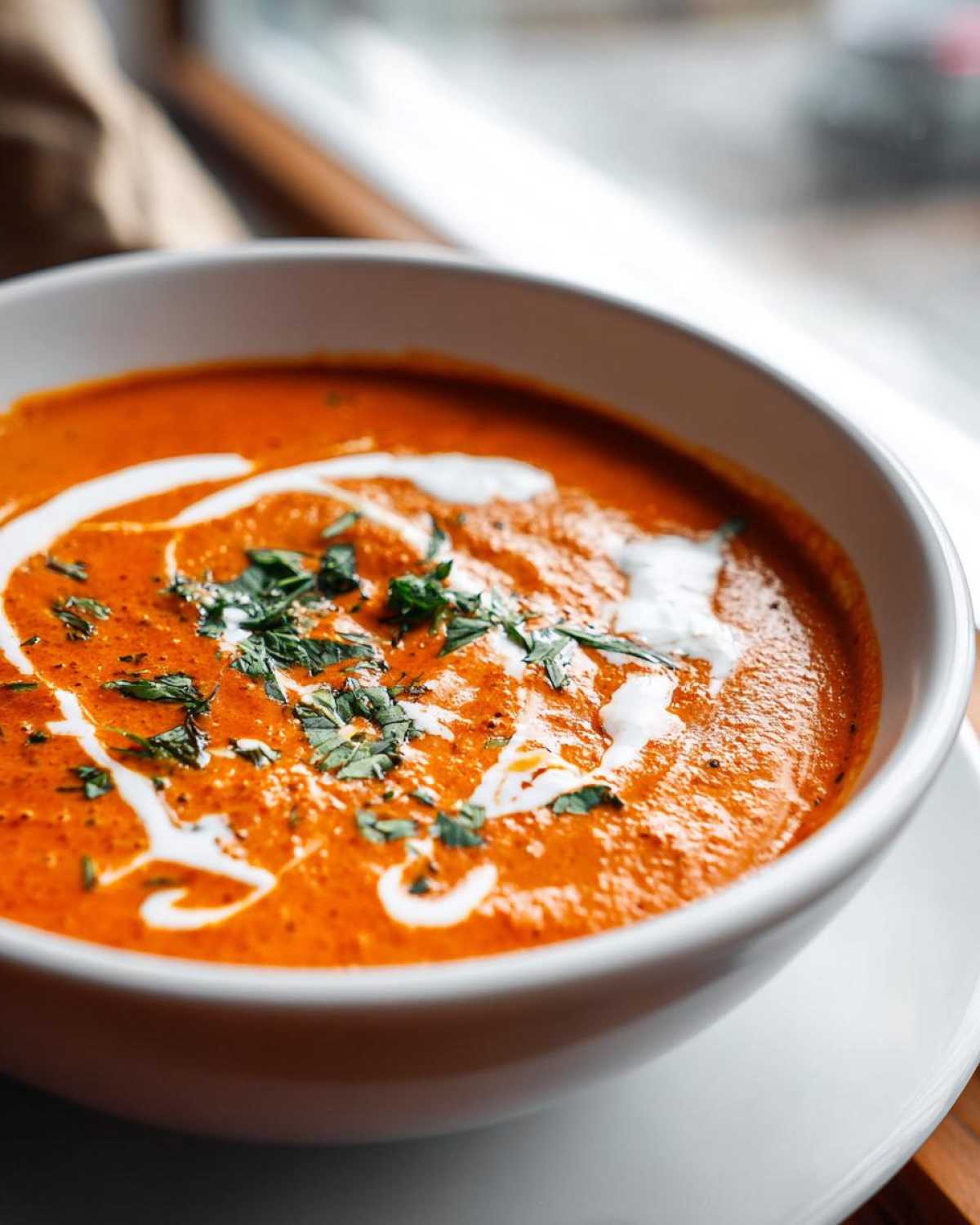 Close-up of vibrant orange Creamy Garlic Tikka Masala Sauce topped with cream swirls and fresh herbs.