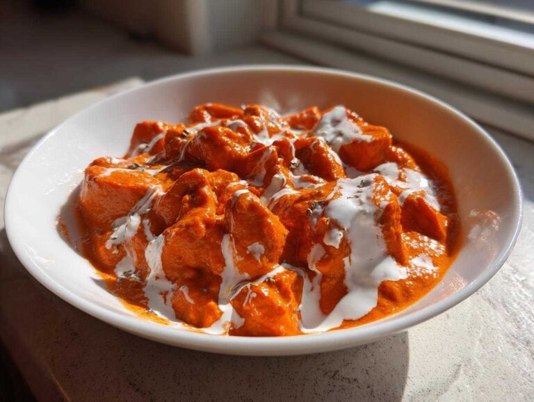 Close-up of rich orange Creamy Garlic Tikka Masala Sauce with chicken pieces, drizzled with white cream.