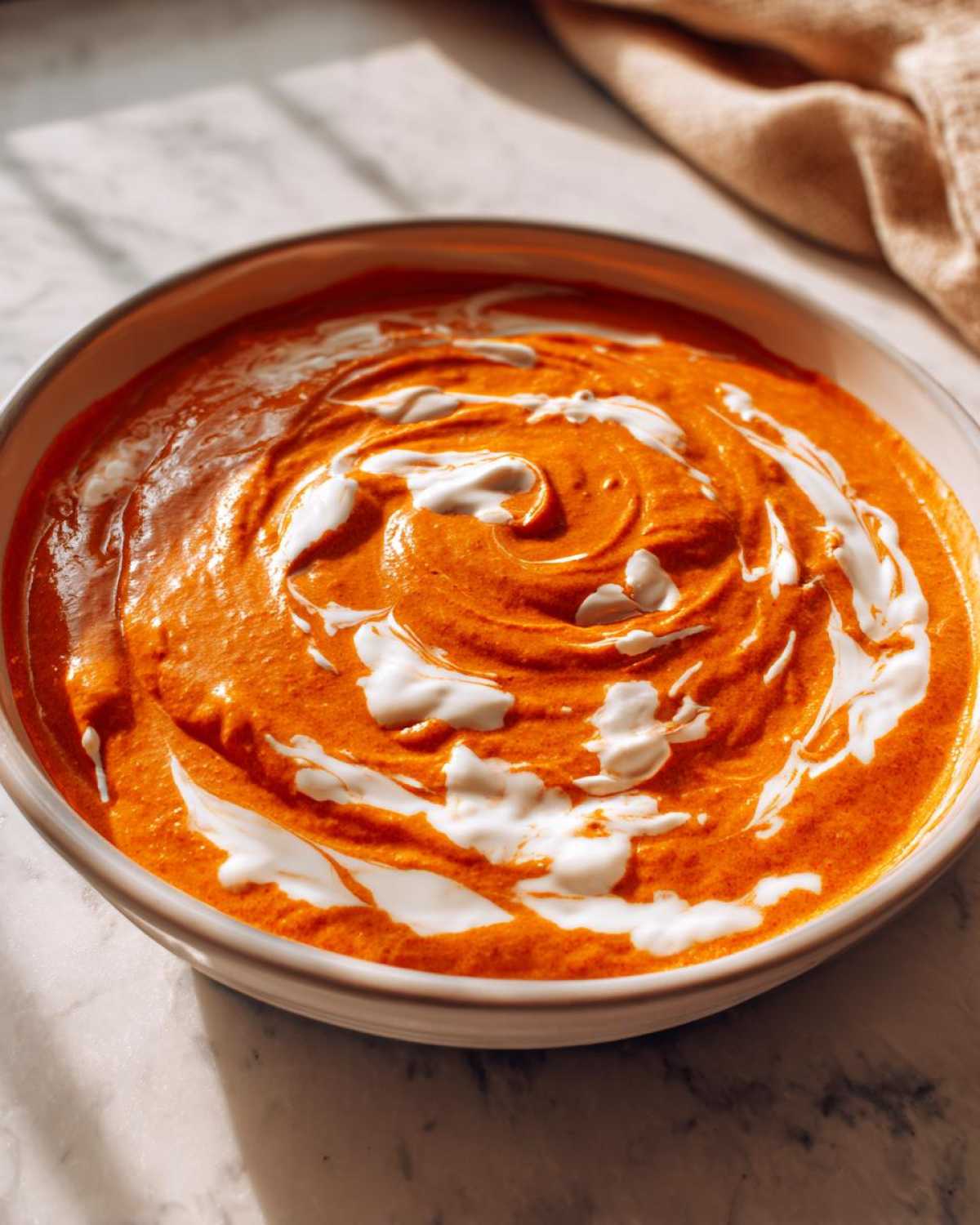 A close-up of rich, orange Creamy Garlic Tikka Masala Sauce swirled with white cream in a light bowl.