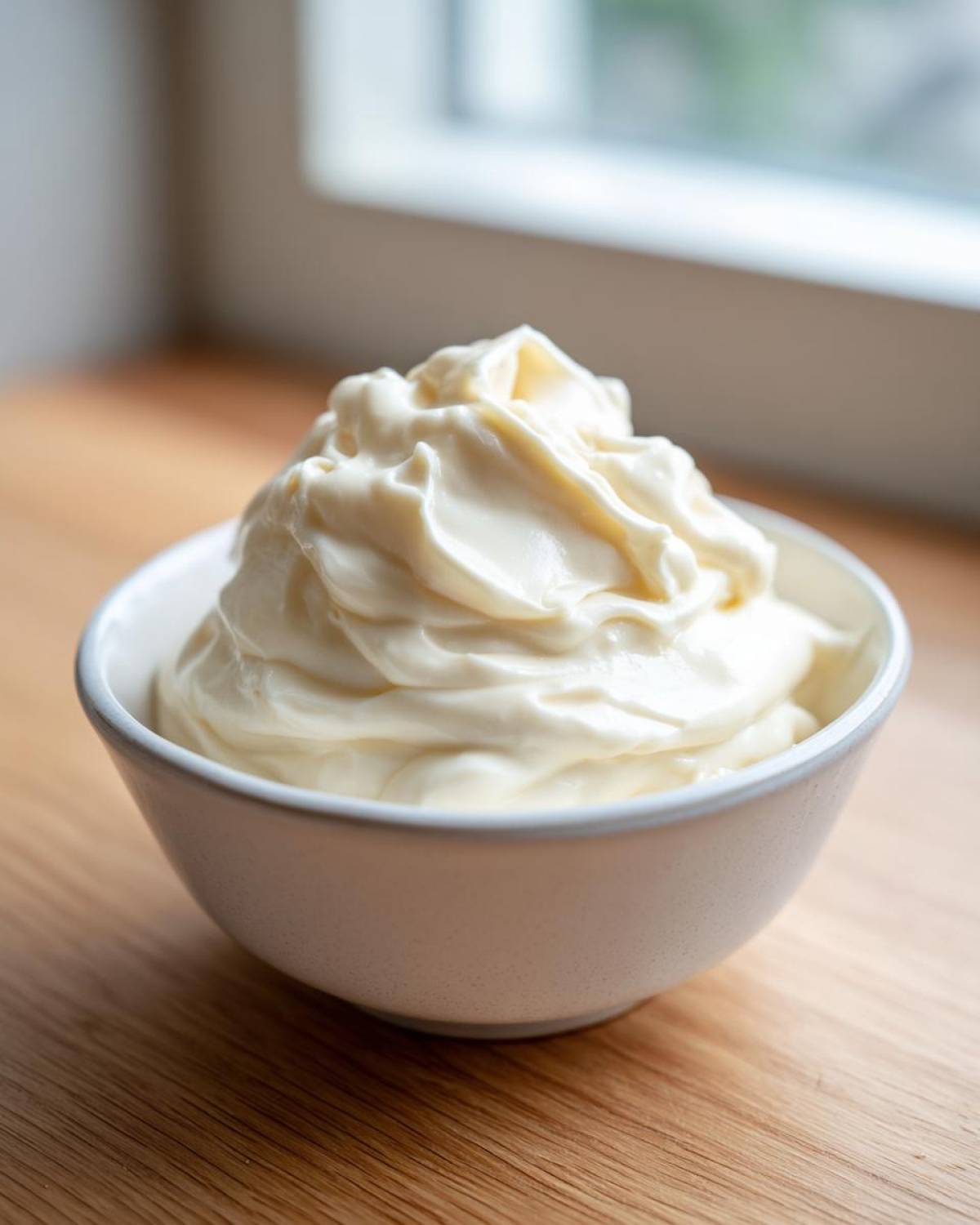 A close-up of thick, creamy Lowcarb Garlic Aioli swirled high in a small white bowl on a wooden surface.