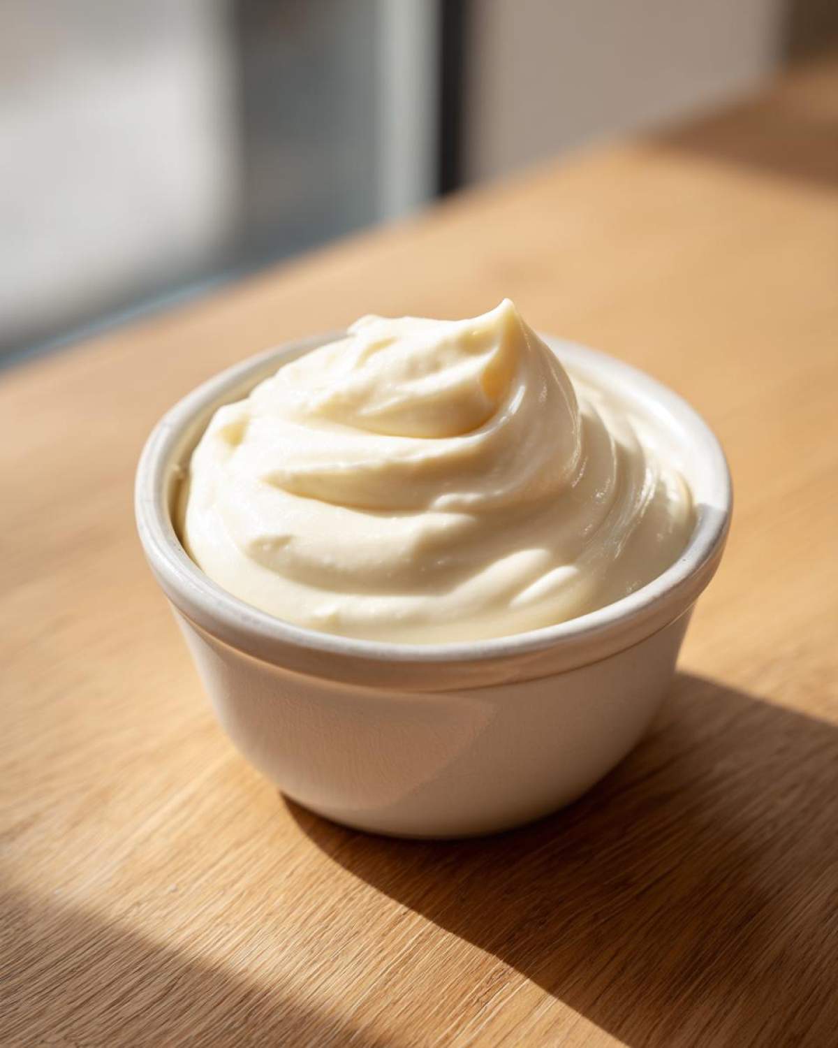 A swirl of creamy, pale yellow Lowcarb Garlic Aioli served in a small white ramekin on a wooden surface.