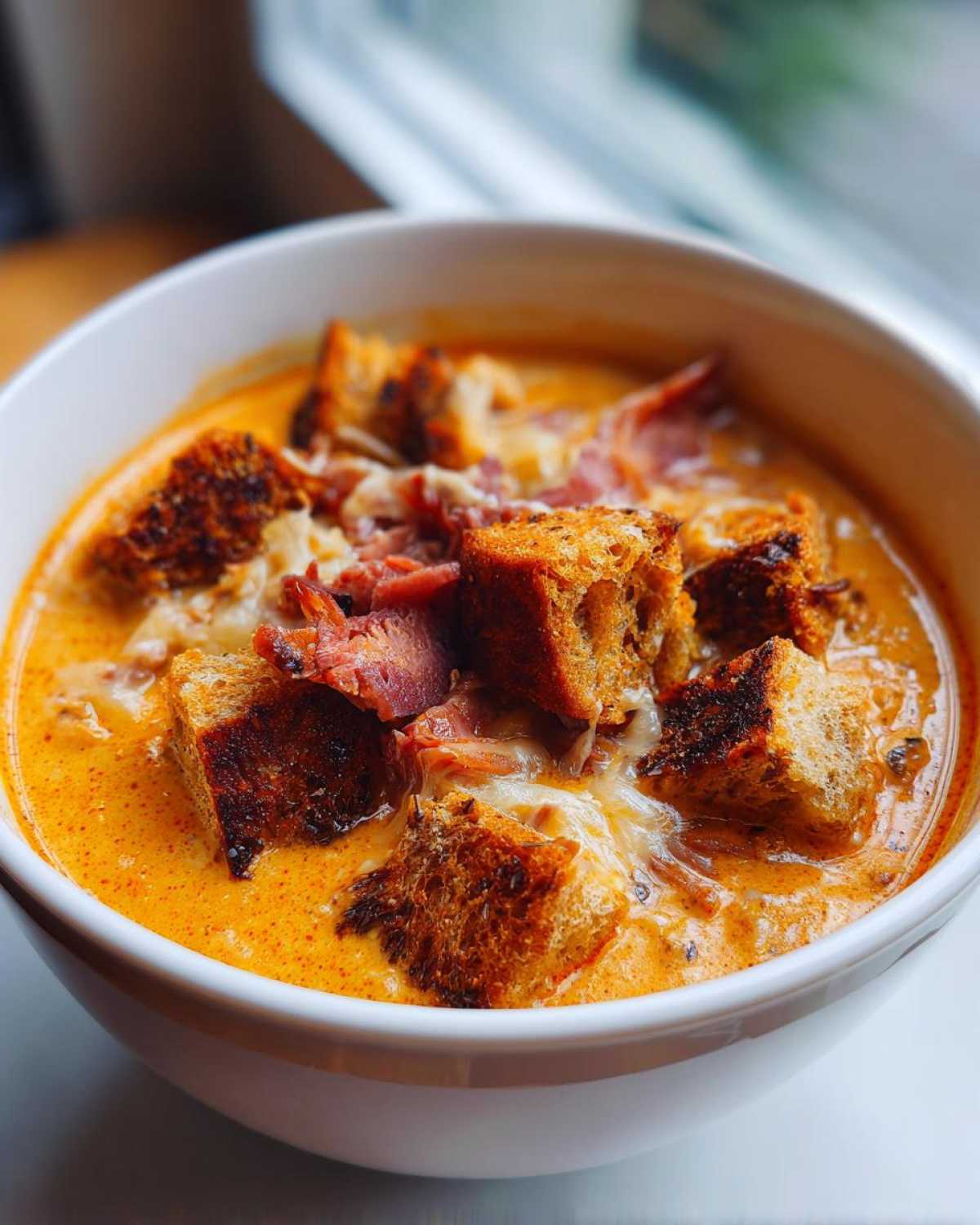 Close-up of a white bowl filled with rich, orange Creamy Reuben Soup topped with toasted rye bread croutons and shredded corned beef.