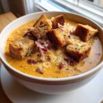 A close-up of a bowl of rich, orange Creamy Reuben Soup topped with shredded corned beef, melted cheese, and rye bread croutons.