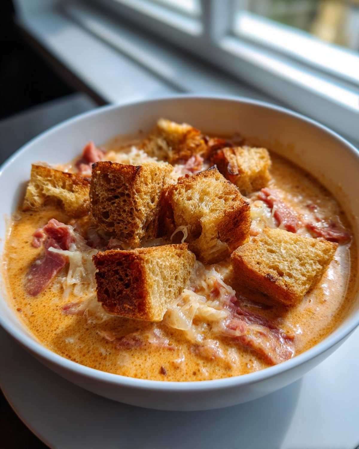 A close-up of a bowl of Creamy Reuben Soup topped with melted cheese, corned beef, and large, toasted croutons.