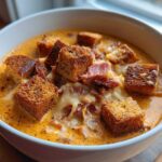 Close-up of a white bowl filled with rich, orange Creamy Reuben Soup topped with rye croutons and shredded corned beef.