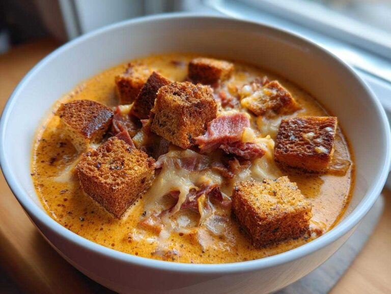 Amazing Creamy Reuben Soup: 1 Decadent Bowl Close-up of a white bowl filled with rich, orange Creamy Reuben Soup topped with rye croutons and shredded corned beef.