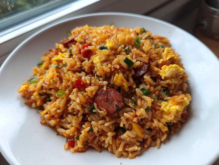 A close-up of vibrant Creole Garlic Fried Rice mixed with sliced sausage and scrambled egg on a white plate.