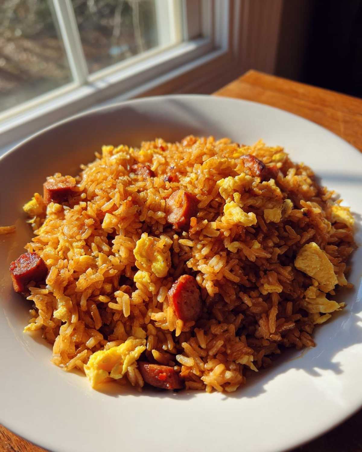 A close-up of savory Creole Garlic Fried Rice mixed with slices of sausage and scrambled egg on a white plate.