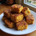 A close-up stack of golden brown, crispy air fryer tofu bites piled high on a white plate.