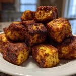 A close-up pile of golden brown, seasoned Crispy Air Fryer Tofu Bites stacked on a white plate.