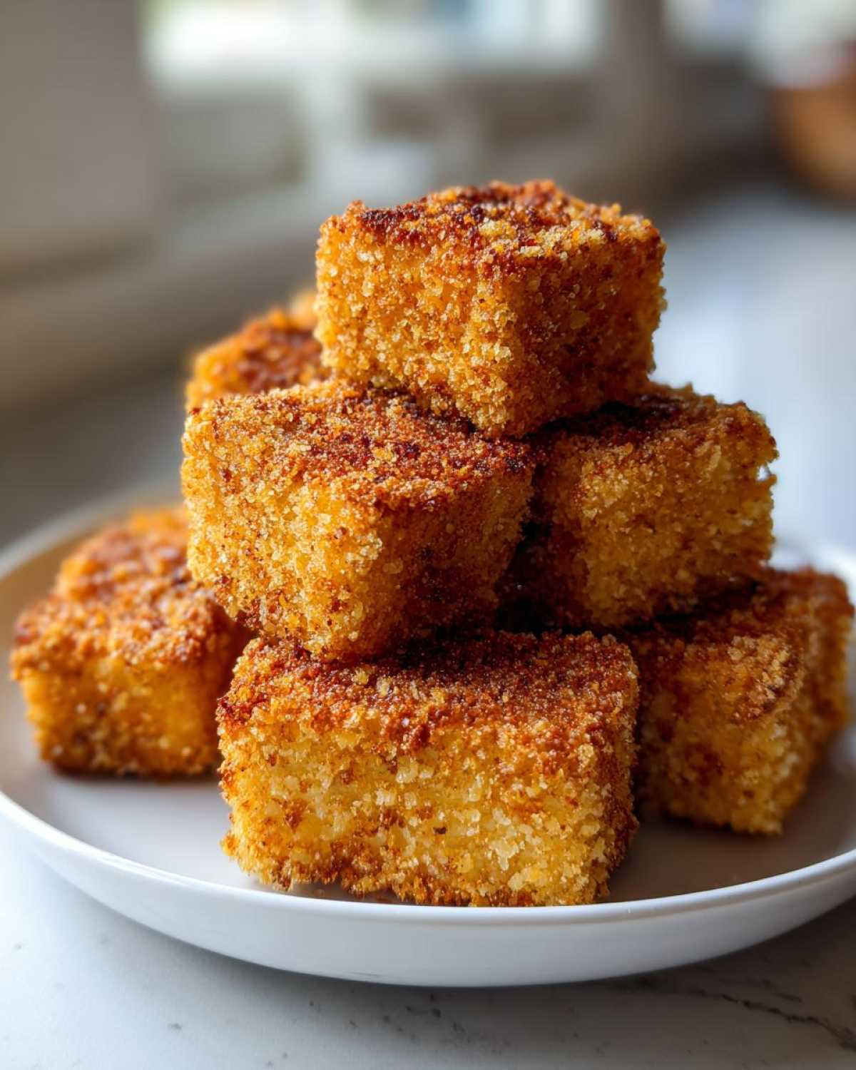 A stack of golden brown, perfectly crispy air fryer tofu bites piled high on a small white plate.