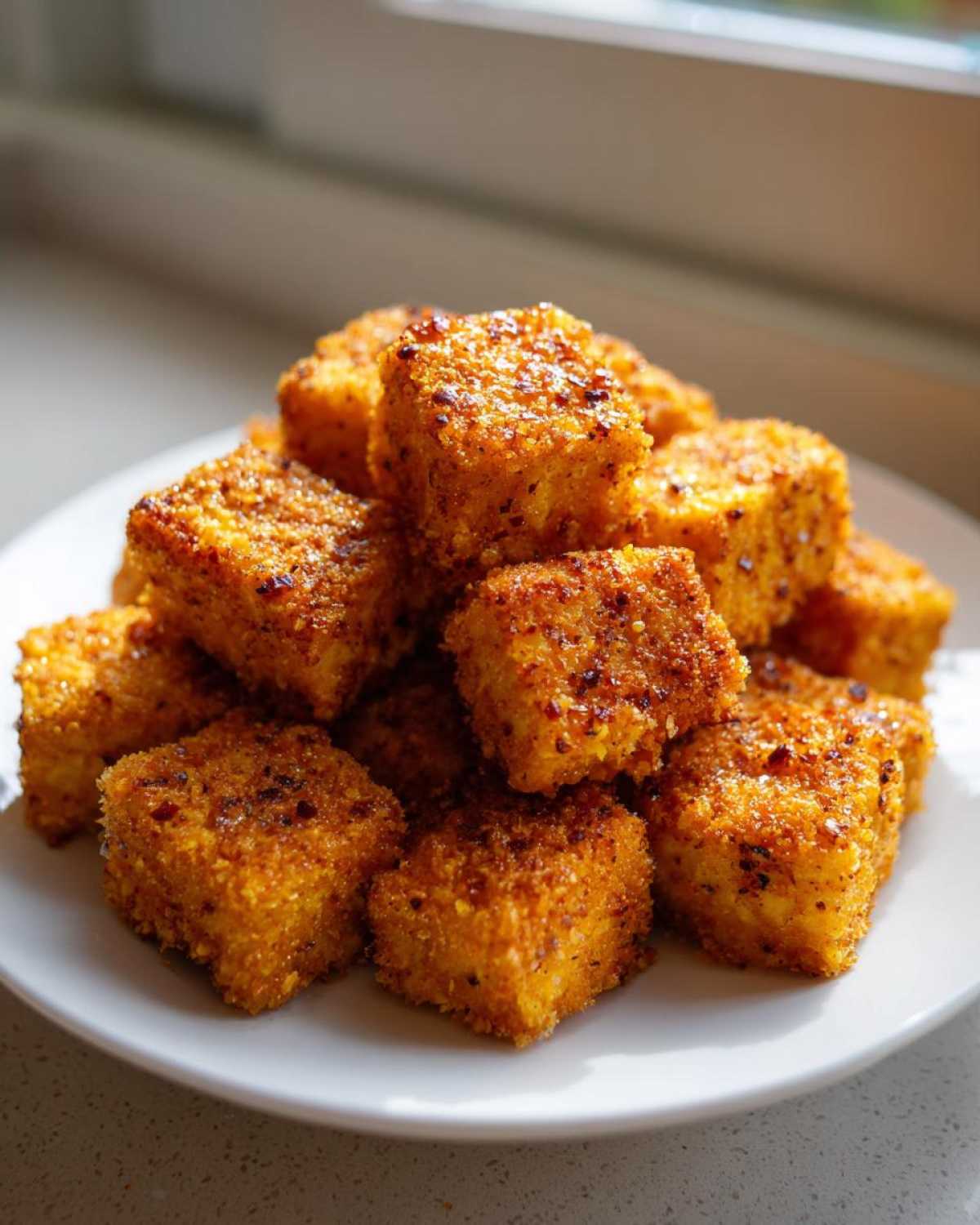 A pile of golden brown, perfectly seasoned Crispy Air Fryer Tofu Bites stacked high on a white plate.