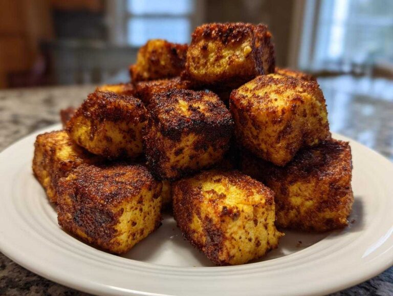 Amazing 12 Crispy Air Fryer Tofu Bites A close-up pile of golden brown, seasoned Crispy Air Fryer Tofu Bites stacked on a white plate.