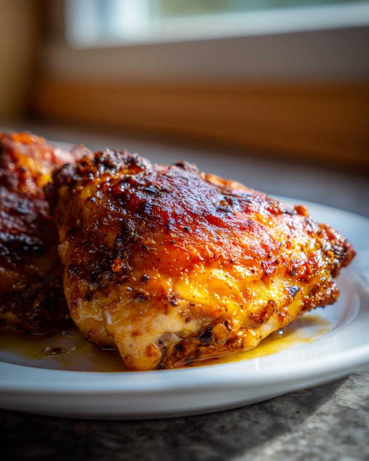 Close-up of perfectly roasted Garam Masala Chicken Thighs with crispy, browned skin resting on a white plate.
