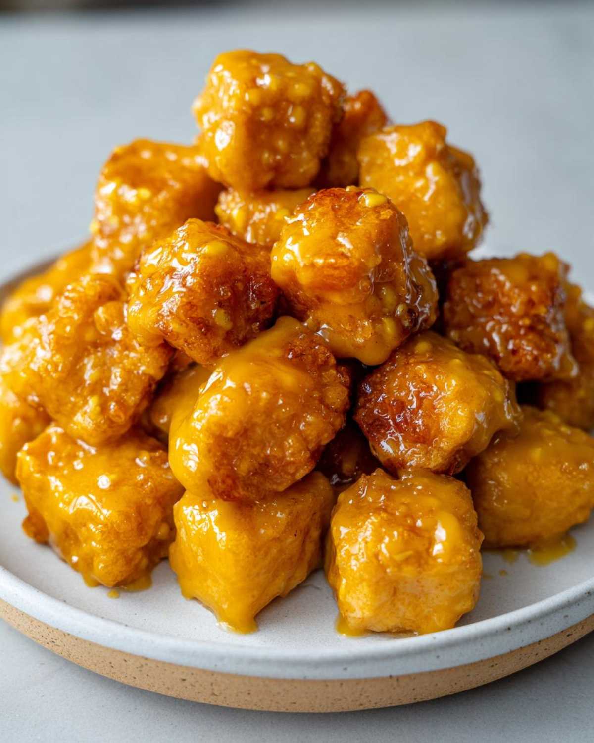 Close-up of a mound of golden, crispy Honey Mustard Tofu pieces generously coated in a thick, glossy sauce.