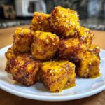 A close-up of crispy Honey Mustard Tofu cubes piled high on a white plate, glistening with sauce.