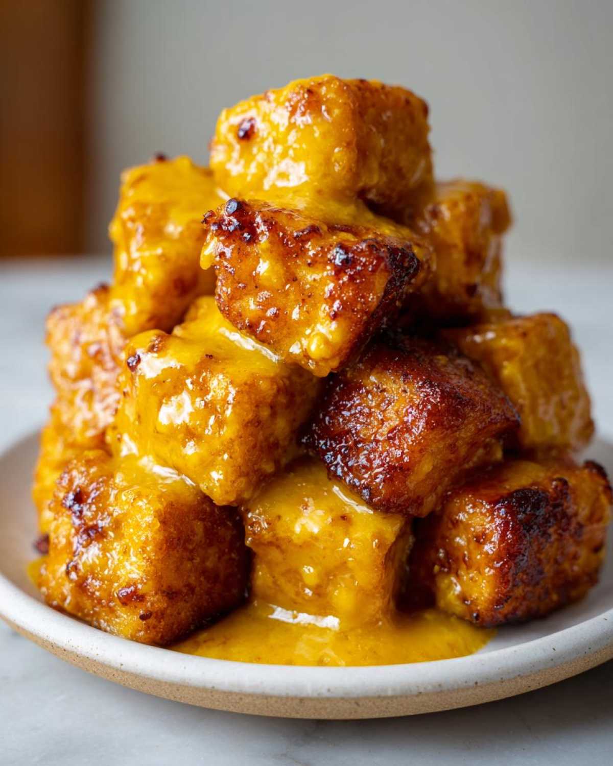 A stack of golden brown, crispy honey mustard tofu cubes generously coated in a thick, vibrant yellow sauce.