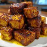 Close-up of a stack of golden brown, glazed Crispy Honey Mustard Tofu cubes on a white plate.