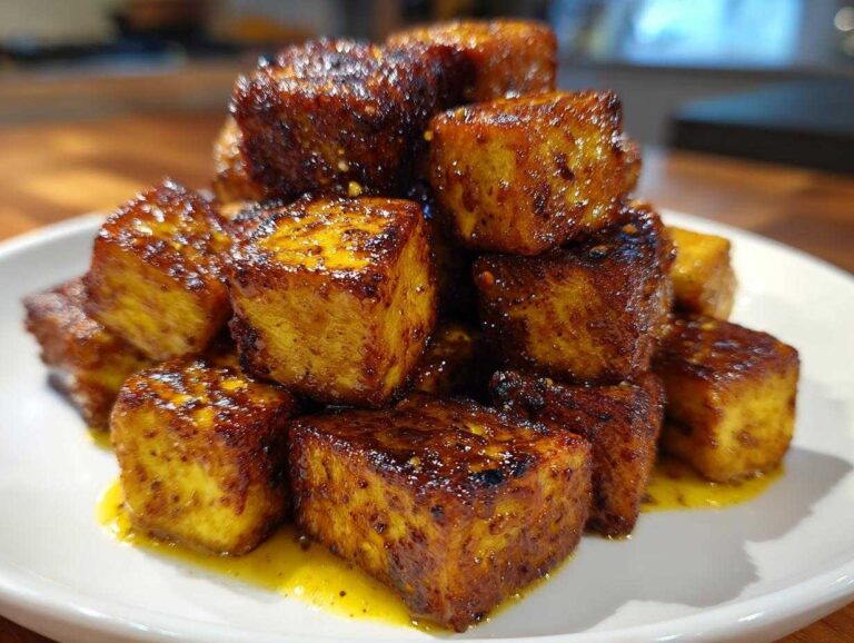 Close-up of a stack of golden brown, glazed Crispy Honey Mustard Tofu cubes on a white plate.