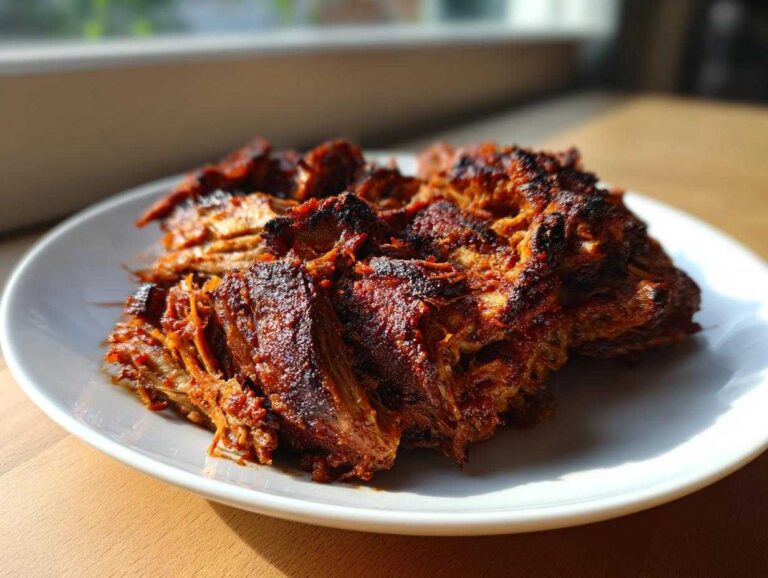 Close-up of shredded, richly seasoned, and crispy Slow Cooker Carnitas piled on a white plate.
