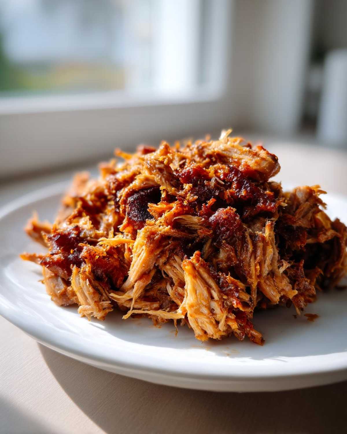 A close-up of shredded, richly seasoned Crispy Slow Cooker Carnitas piled high on a white plate.