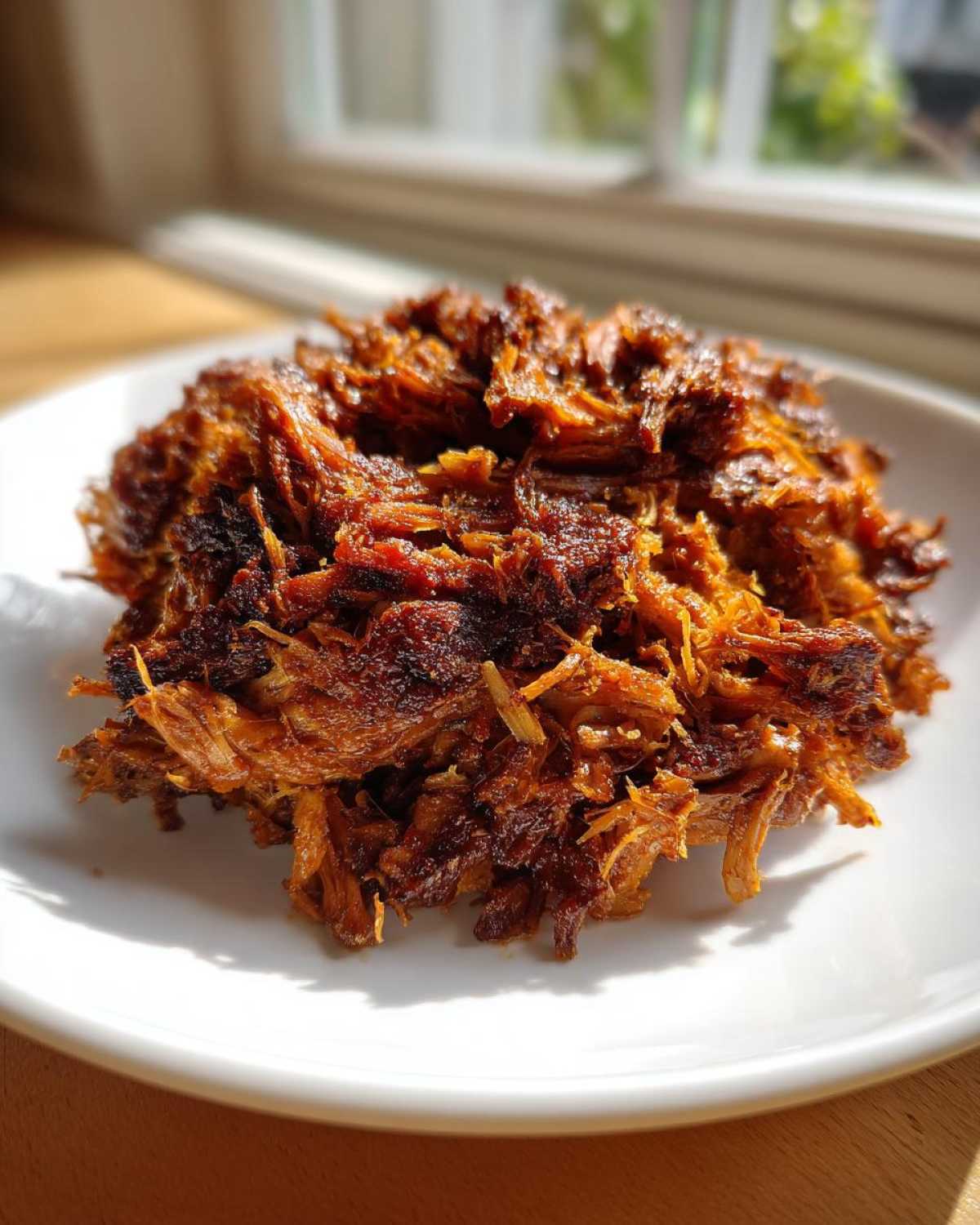 A mound of richly browned and shredded Crispy Slow Cooker Carnitas piled high on a white plate, catching bright sunlight.