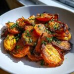 A white bowl filled with golden brown, oven-roasted Crispy Smashed Carrot Bites, topped with fresh chopped parsley.