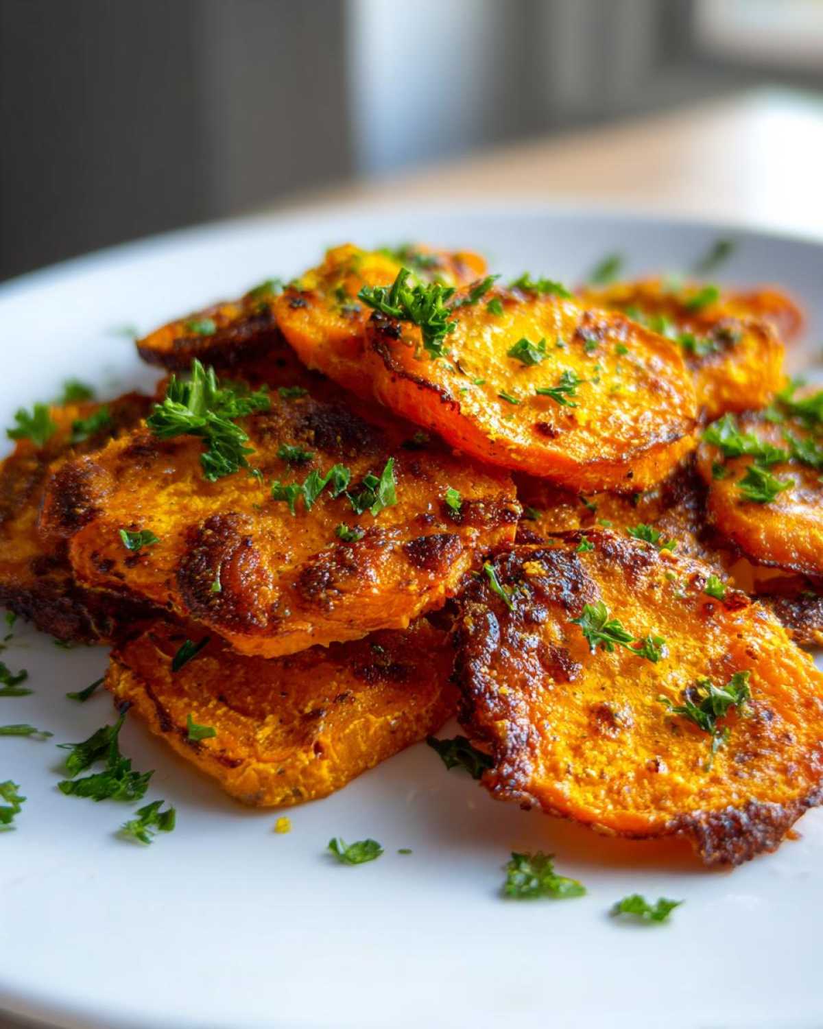 A close-up of oven-roasted Crispy Smashed Carrot Bites piled on a white plate and garnished with fresh parsley.