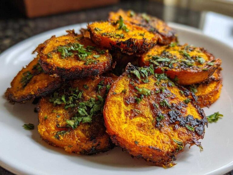 Close-up of bright orange, oven-roasted Crispy Smashed Carrot Bites sprinkled with fresh green herbs.