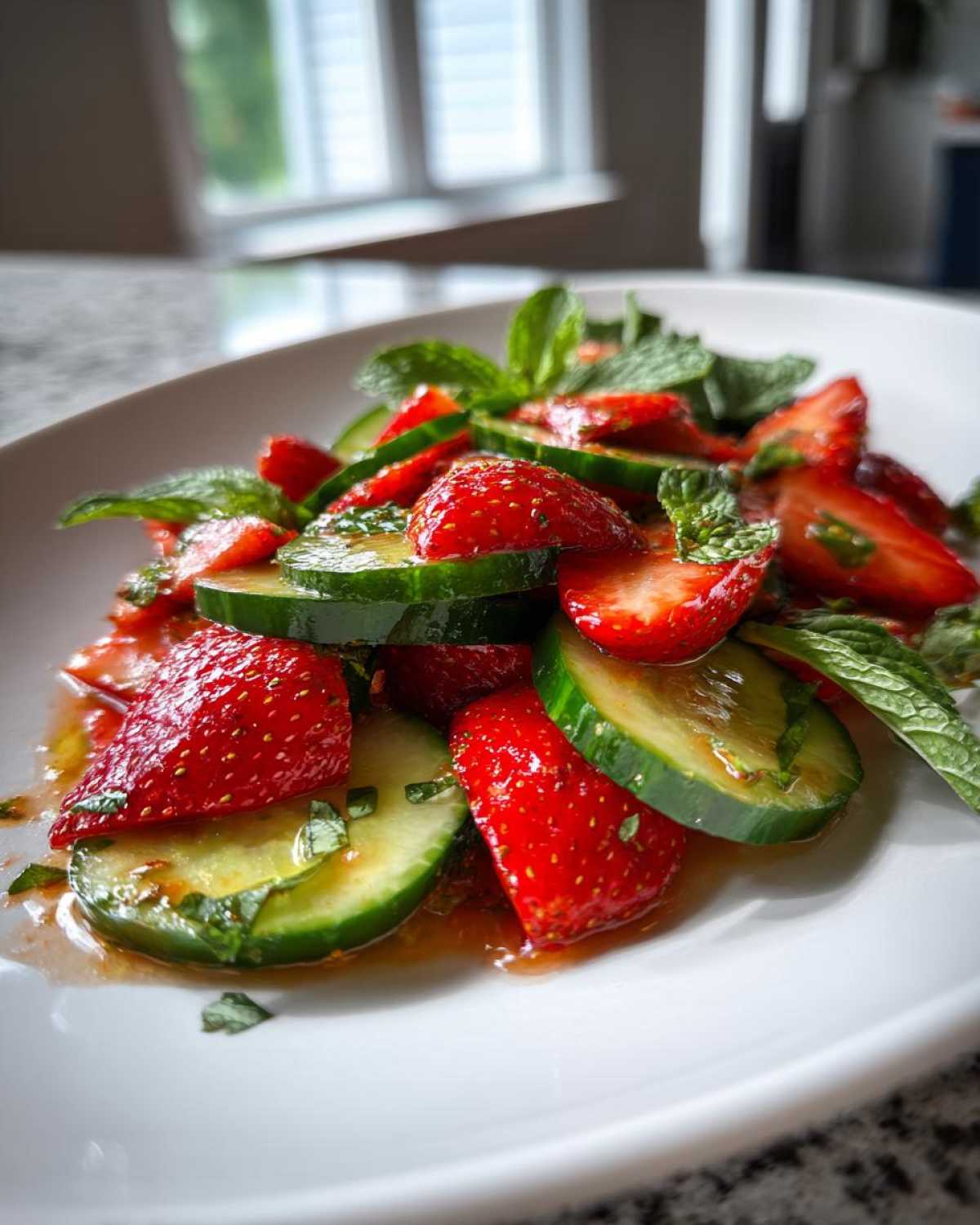 Close-up of a fresh Cucumber Strawberry Salad featuring sliced strawberries, cucumber rounds, and mint leaves in a light dressing.