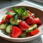 A close-up of a fresh Cucumber Strawberry Salad featuring sliced cucumbers, bright red strawberries, and a sprig of mint.