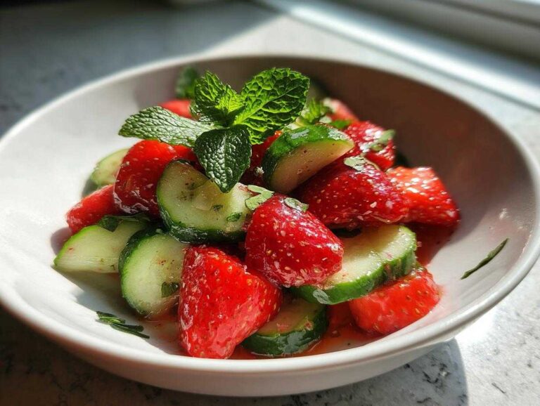 A close-up of a fresh Cucumber Strawberry Salad featuring sliced cucumbers, bright red strawberries, and a sprig of mint.