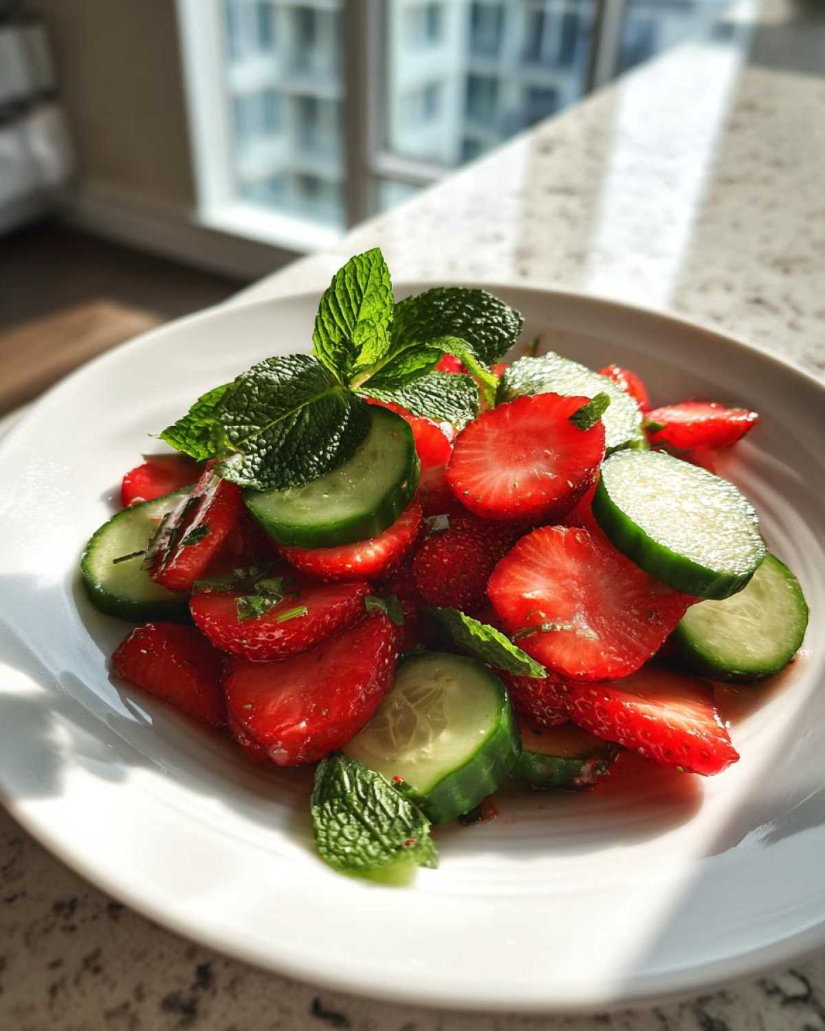 A bright serving of Cucumber Strawberry Salad featuring sliced strawberries, cucumber rounds, and fresh mint leaves.