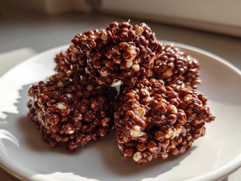Amazing 5-Minute Dark Chocolate Quinoa Crisps Four glossy, square-shaped Dark Chocolate Quinoa Crisps stacked slightly on a white plate.