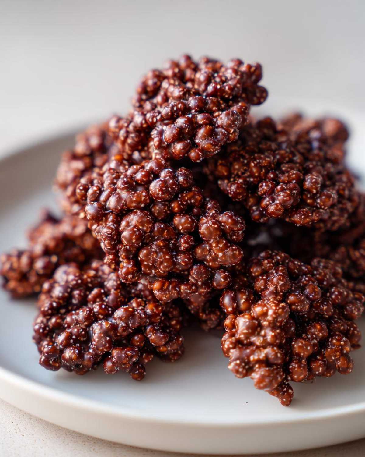 Close-up of several glossy Dark Chocolate Quinoa Crisps piled on a light gray plate.