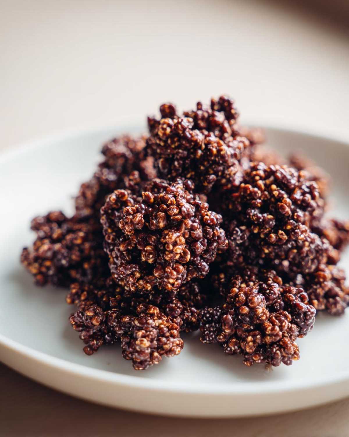 A close-up shot of several clusters of Dark Chocolate Quinoa Crisps piled high on a white plate.