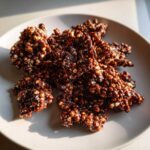 Close-up of several pieces of glossy Dark Chocolate Quinoa Crisps piled on a light gray plate.