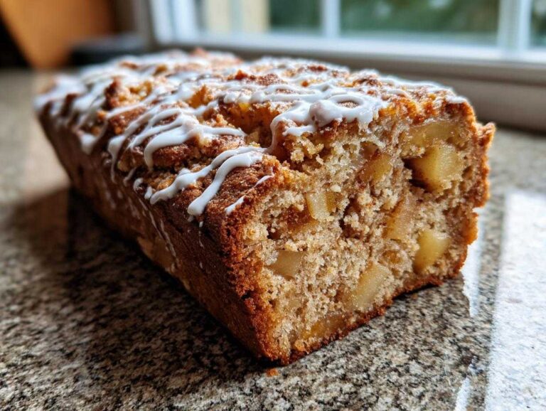 Close-up of a freshly baked Easy Amish Apple Fritter Bread loaf drizzled with white icing.