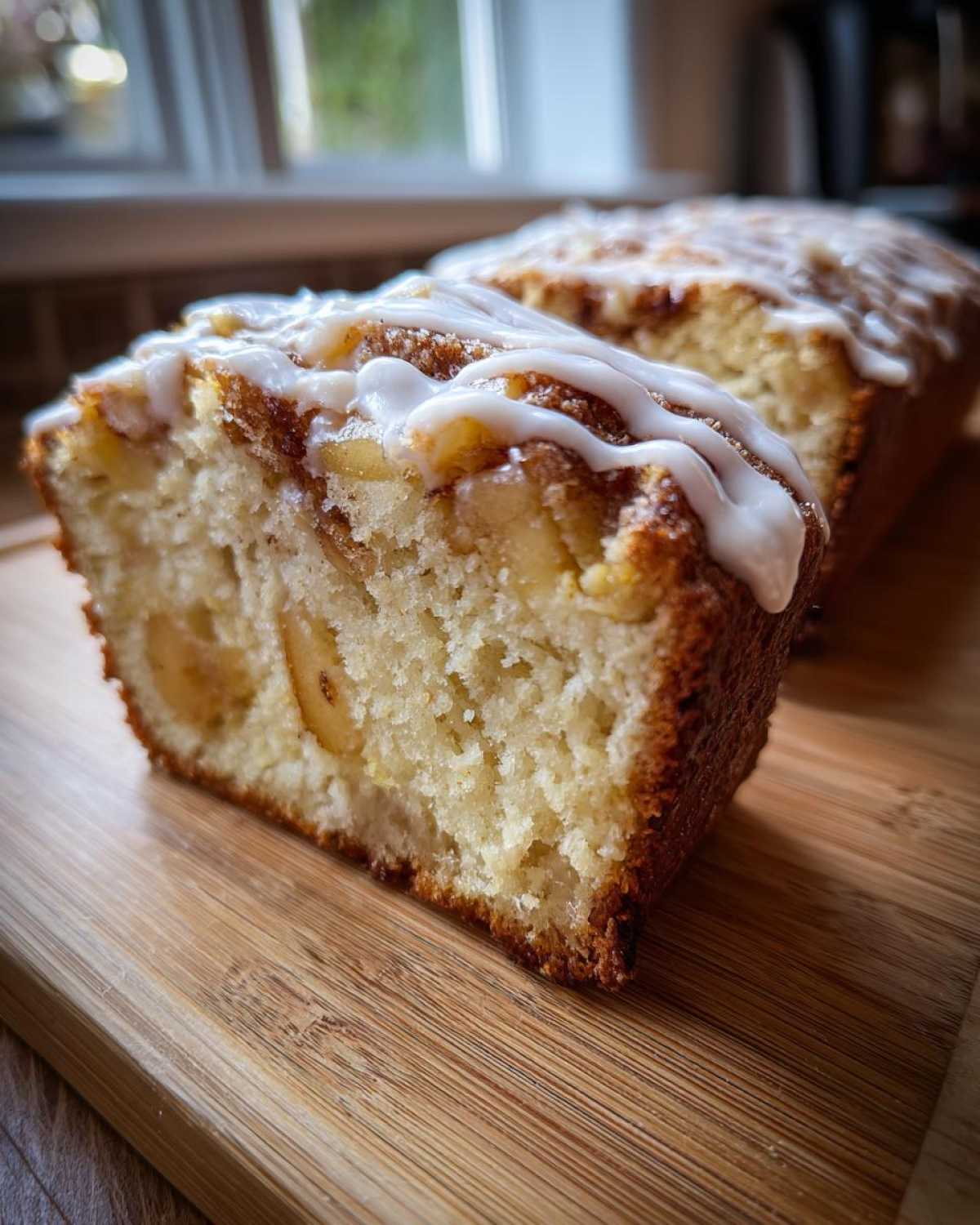 Close-up of a slice of Easy Amish Apple Fritter Bread showing tender crumb and apple chunks, topped with white icing.