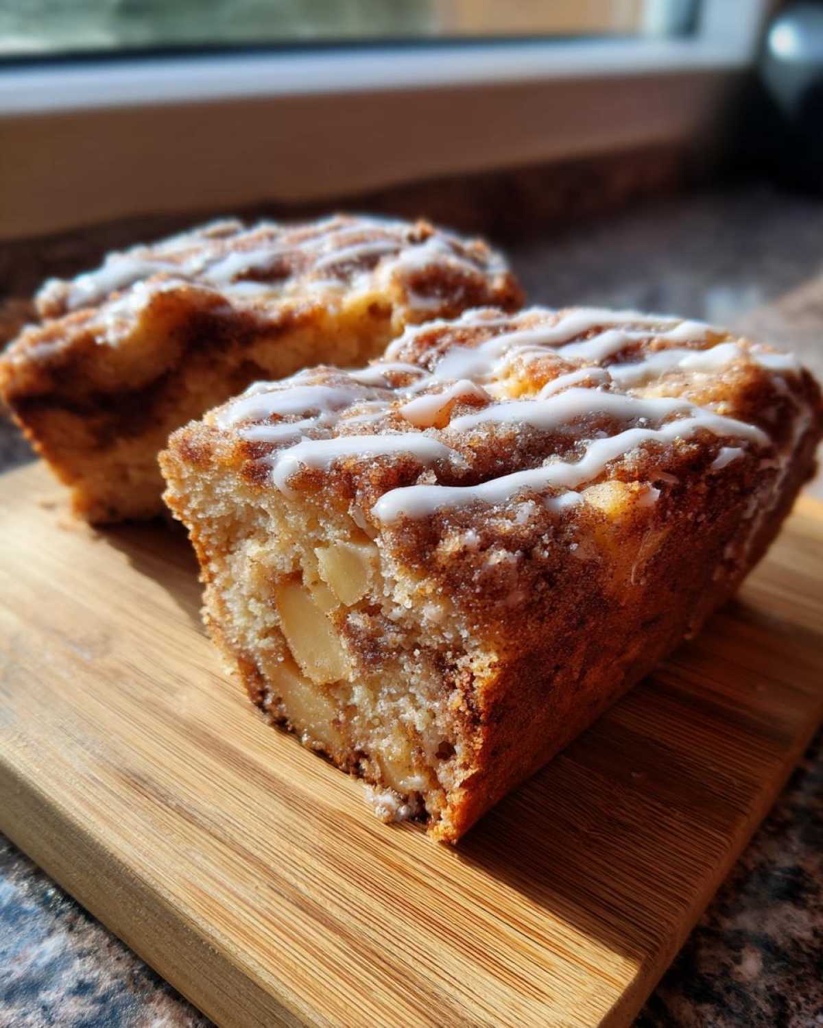 Close-up of a slice of Easy Amish Apple Fritter Bread showing chunks of apple inside, topped with cinnamon sugar and white glaze.