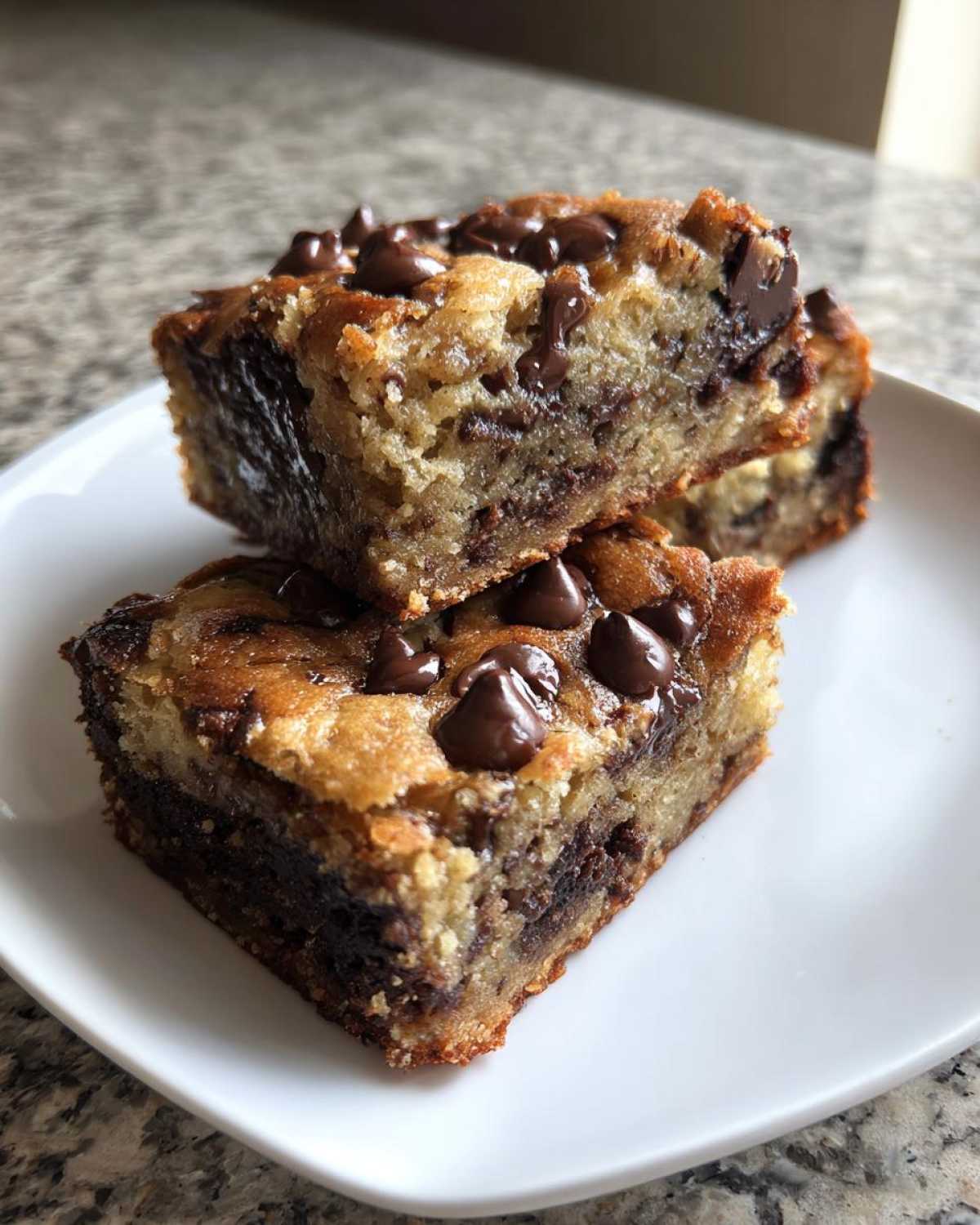 Two stacked squares of Easy Bakerystyle Chocolate Chip Banana bars topped with melted chocolate chips on a white plate.
