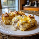 Two servings of Easy Biscuits Gravy Breakfast Casserole topped with melted cheese and sausage gravy on a white plate.