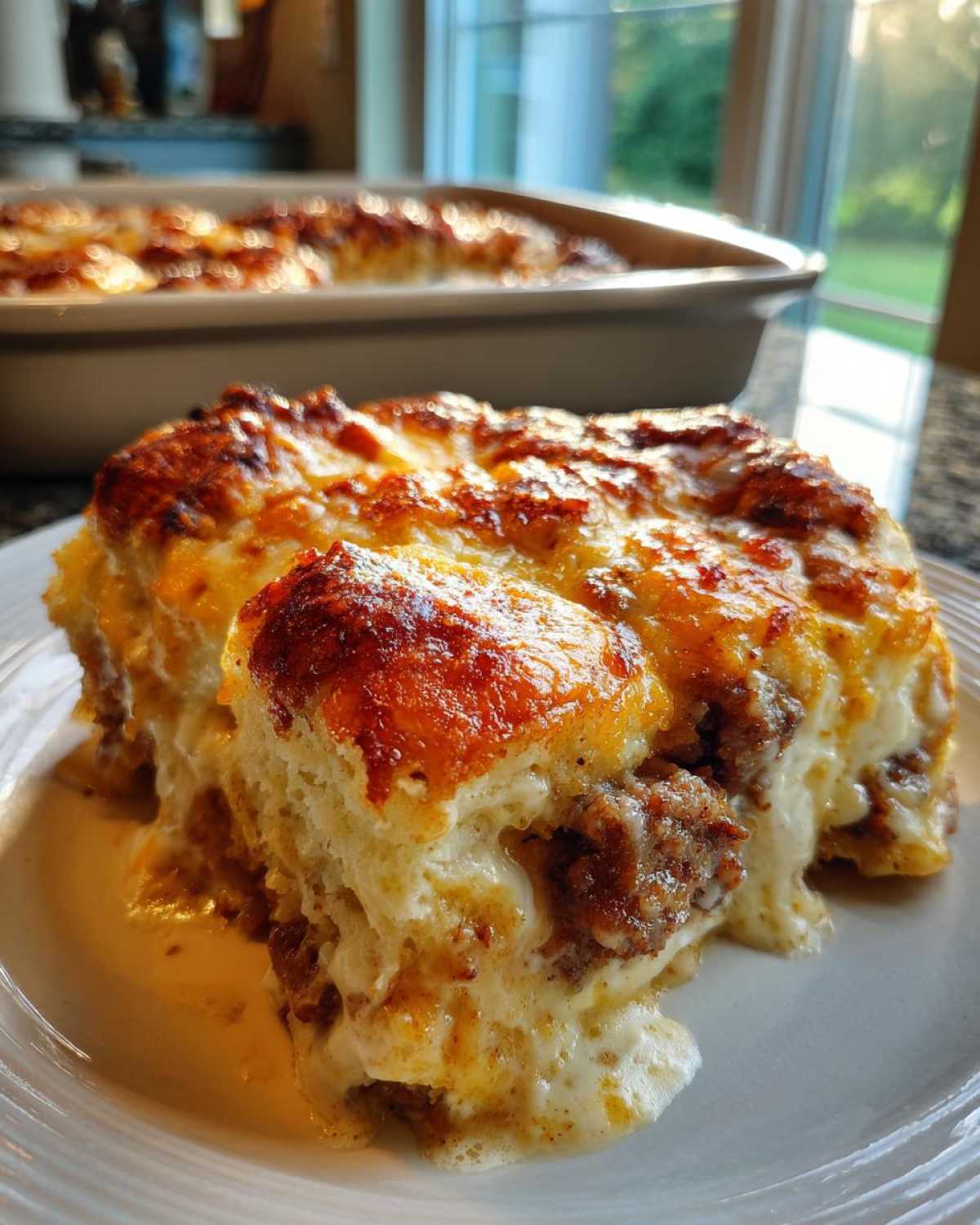 A close-up serving of Easy Biscuits Gravy Breakfast Casserole with a golden-brown cheesy top and creamy sausage gravy.