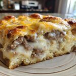 A close-up slice of Easy Biscuits Gravy Breakfast Casserole showing sausage, creamy gravy, and melted cheese topping.