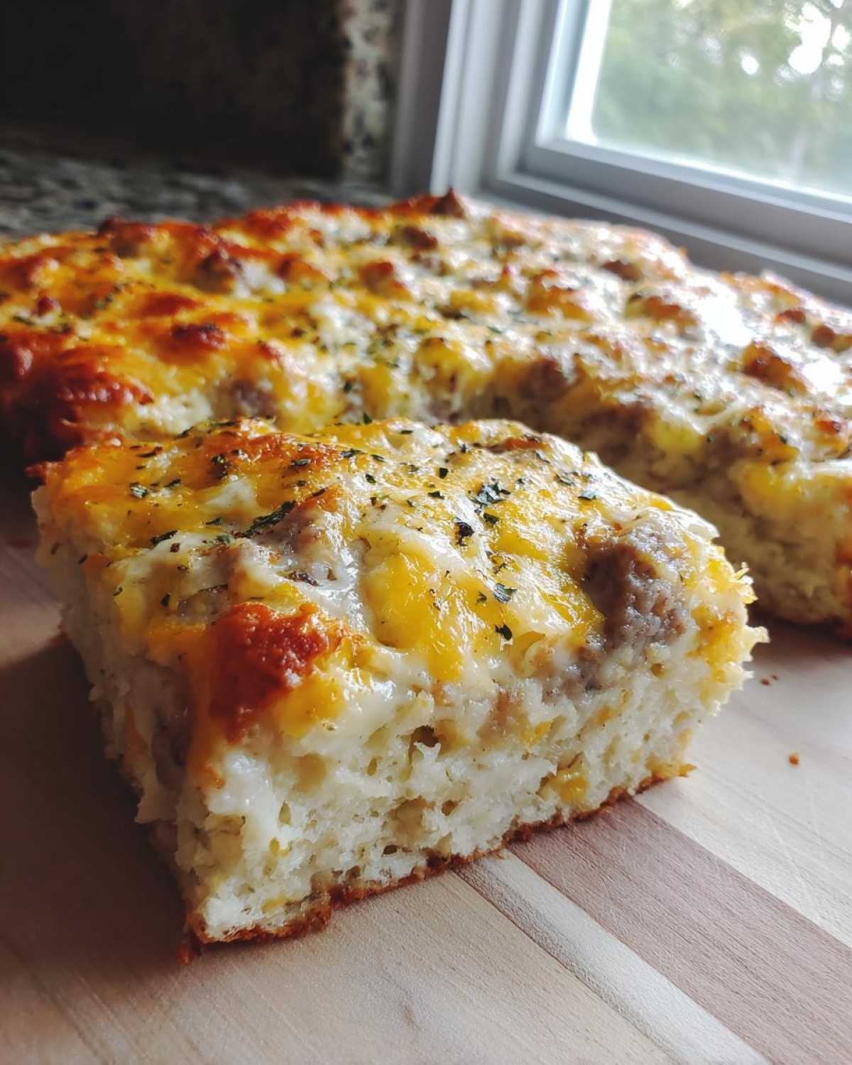A close-up of a square slice of Easy Biscuits Gravy Breakfast Casserole topped with melted cheese and sausage.