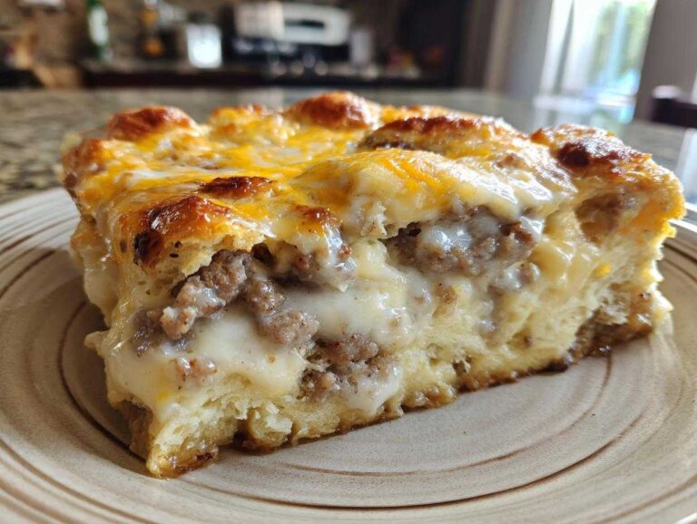 Amazing Easy Biscuits Gravy Breakfast Casserole A close-up slice of Easy Biscuits Gravy Breakfast Casserole showing sausage, creamy gravy, and melted cheese topping.
