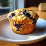 A close-up of a golden-brown Easy Blueberry Yogurt Protein Muffin sitting on a white plate, highlighted by natural sunlight.