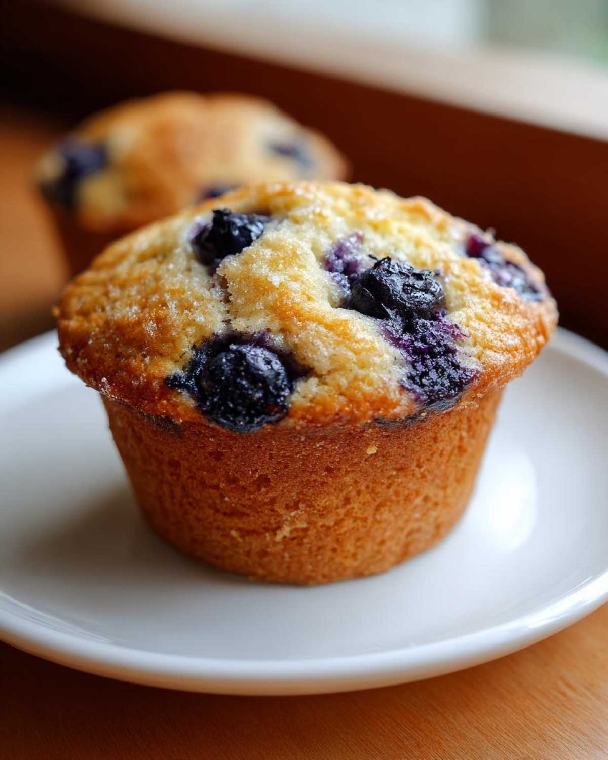 Close-up of a golden brown Easy Blueberry Yogurt Protein Muffin topped with baked blueberries on a white plate.