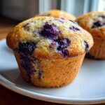 A close-up of a golden-brown Easy Blueberry Yogurt Protein Muffin topped with burst blueberries on a white plate.
